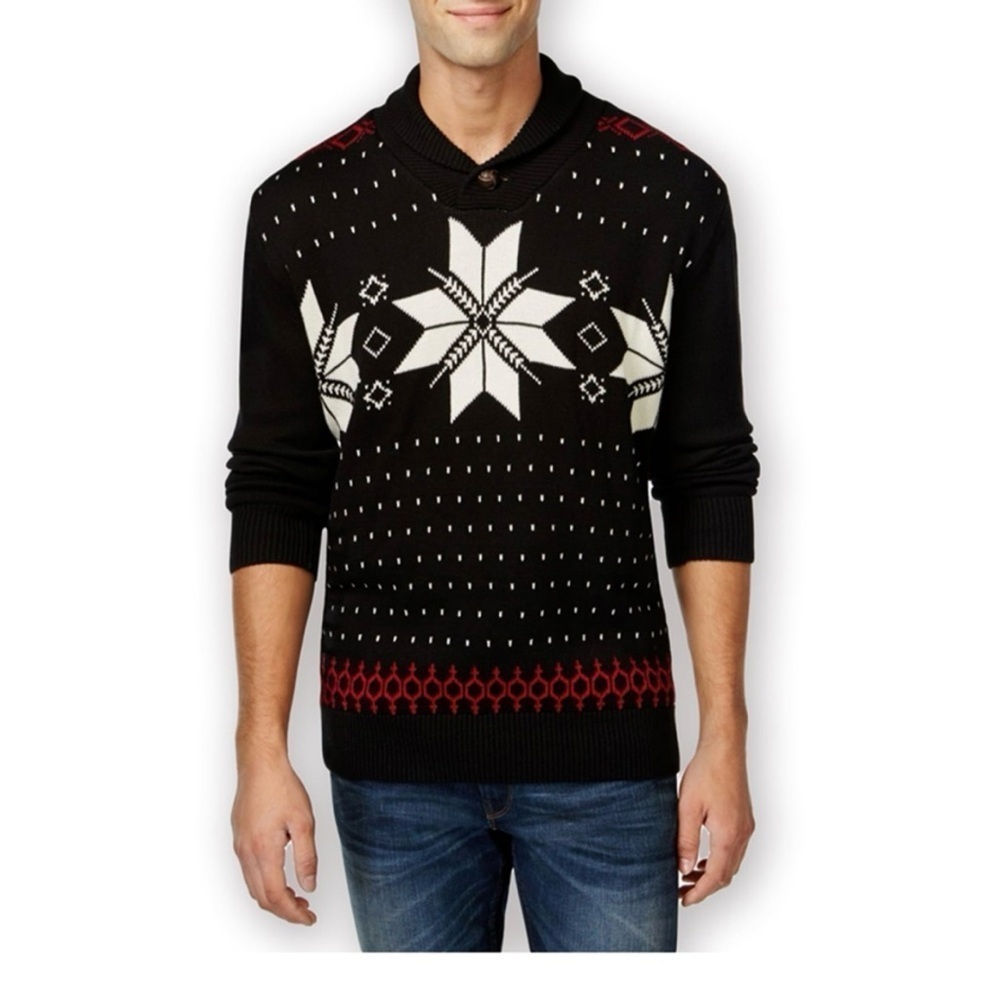 Weatherproof Vintage Men's Large Black Button Shawl Collar Holiday Sweater